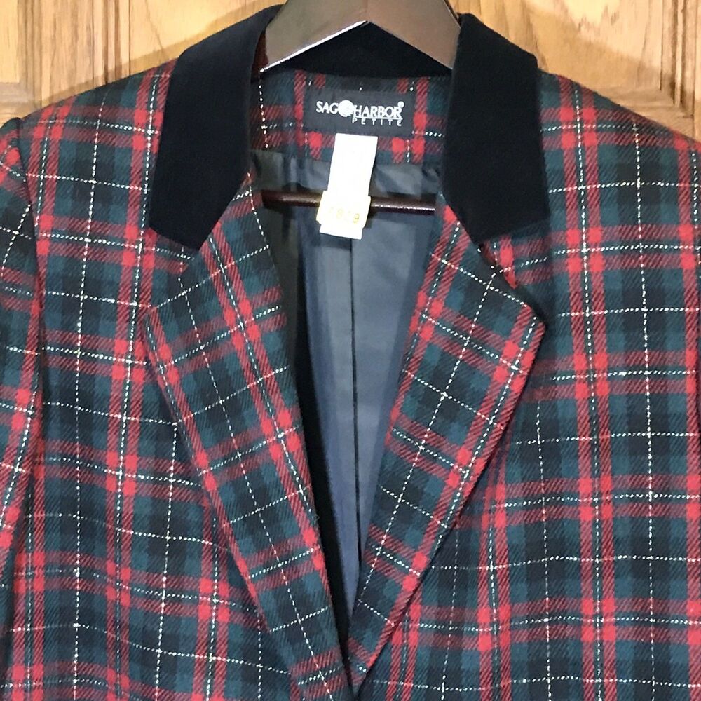 Vintage Sag Harbor Blazer Women's 14 Red Tartan Plaid Gold Thread 90s Wool Blend